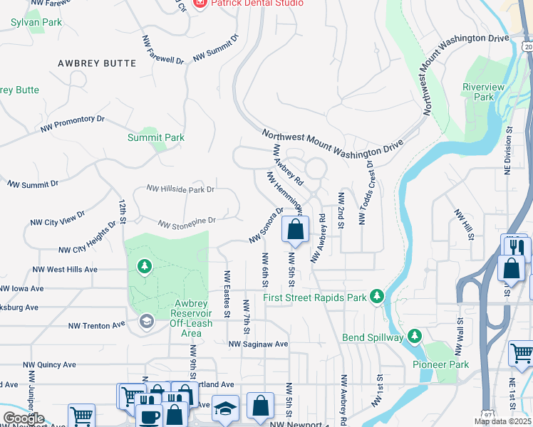 map of restaurants, bars, coffee shops, grocery stores, and more near 575 Northwest Sonora Drive in Bend