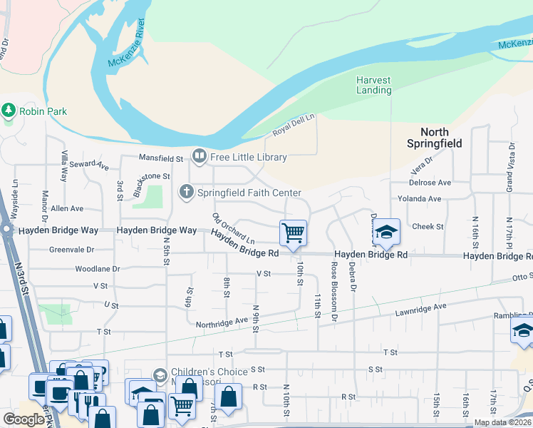 map of restaurants, bars, coffee shops, grocery stores, and more near 885 River Knoll Way in Springfield