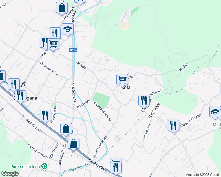 map of restaurants, bars, coffee shops, grocery stores, and more near 73 Via Isola in Casano