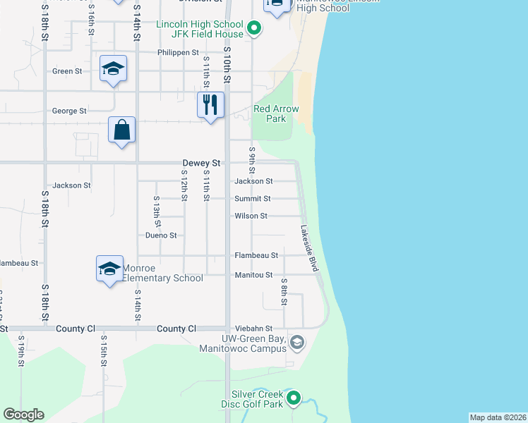 map of restaurants, bars, coffee shops, grocery stores, and more near 848 Wilson Street in Manitowoc