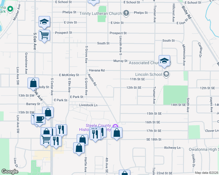 map of restaurants, bars, coffee shops, grocery stores, and more near 90 Oakview Place in Owatonna