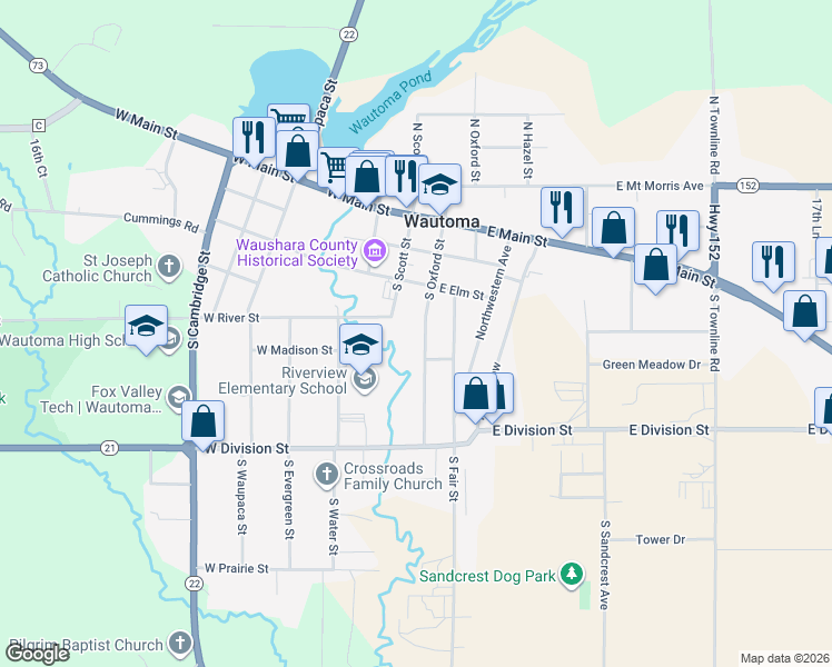 map of restaurants, bars, coffee shops, grocery stores, and more near 342 South Oxford Street in Wautoma