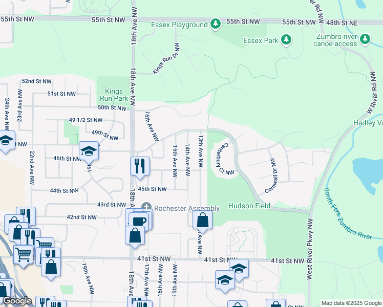 map of restaurants, bars, coffee shops, grocery stores, and more near 4630 14th Avenue Northwest in Rochester