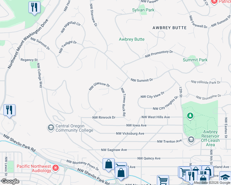 map of restaurants, bars, coffee shops, grocery stores, and more near 1821 Northwest Glassow Drive in Bend