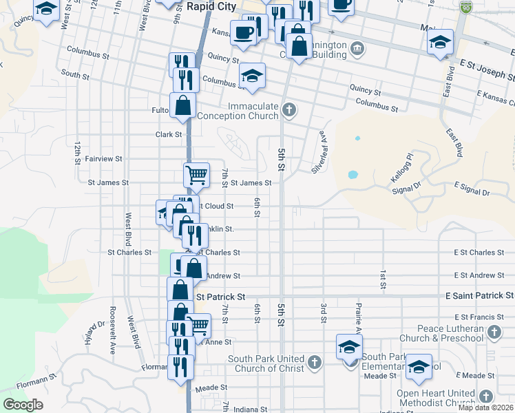 map of restaurants, bars, coffee shops, grocery stores, and more near 6th Street in Rapid City
