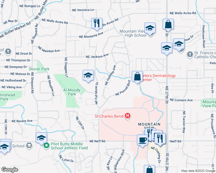 map of restaurants, bars, coffee shops, grocery stores, and more near 2010 Northeast Patterson Court in Bend