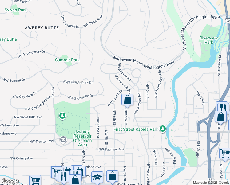 map of restaurants, bars, coffee shops, grocery stores, and more near 575 Northwest Sonora Drive in Bend
