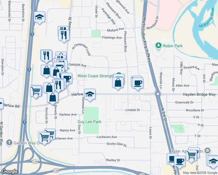 map of restaurants, bars, coffee shops, grocery stores, and more near 530 Harlow Road in Springfield