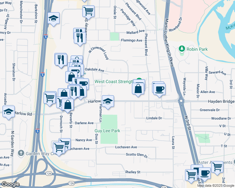 map of restaurants, bars, coffee shops, grocery stores, and more near 650 Harlow Road in Springfield