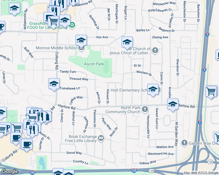 map of restaurants, bars, coffee shops, grocery stores, and more near 859 Vincent Street in Eugene