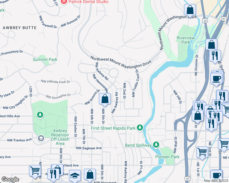 map of restaurants, bars, coffee shops, grocery stores, and more near 2447 Northwest Awbrey Road in Bend