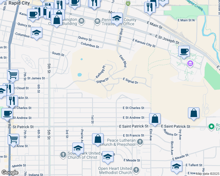 map of restaurants, bars, coffee shops, grocery stores, and more near 40 Marquette Drive in Rapid City