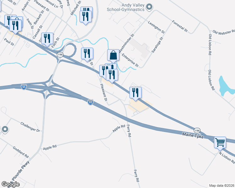 map of restaurants, bars, coffee shops, grocery stores, and more near 96 Commercial Street in Lewiston