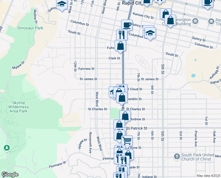 map of restaurants, bars, coffee shops, grocery stores, and more near 899 Saint Cloud Street in Rapid City