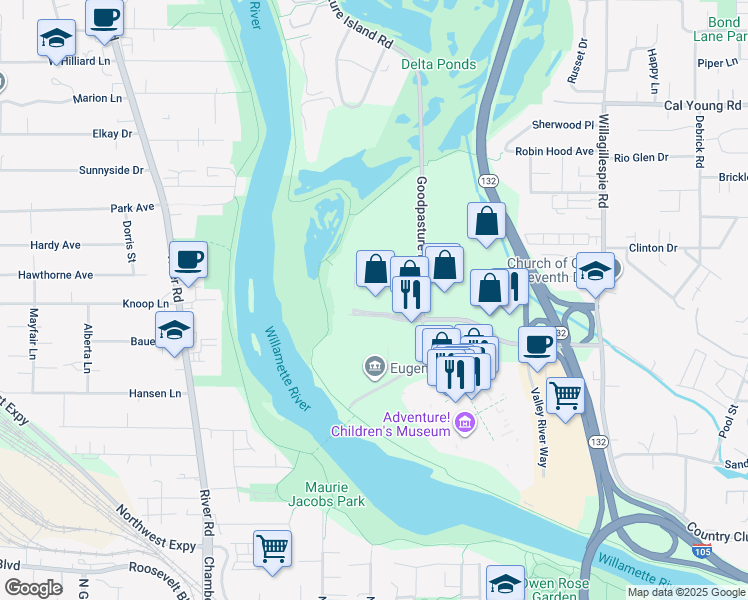 map of restaurants, bars, coffee shops, grocery stores, and more near 1500 Valley River Drive in Eugene