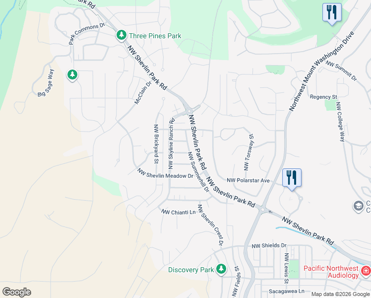 map of restaurants, bars, coffee shops, grocery stores, and more near 2952 Northwest Merlot Lane in Bend