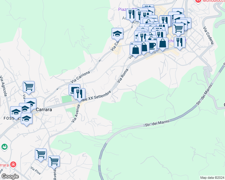 map of restaurants, bars, coffee shops, grocery stores, and more near 6 Viale XX Settembre in Carrara