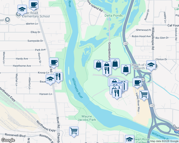 map of restaurants, bars, coffee shops, grocery stores, and more near 1580 Valley River Dr in Eugene