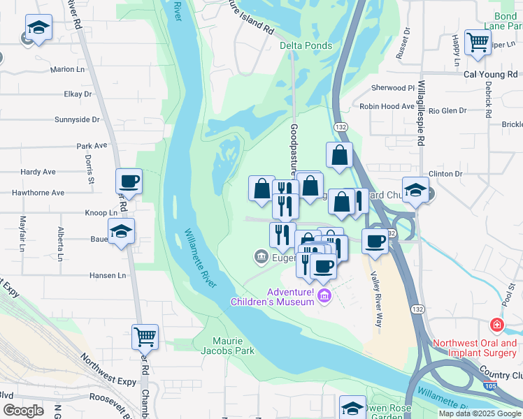 map of restaurants, bars, coffee shops, grocery stores, and more near 1500 Valley River Drive in Eugene