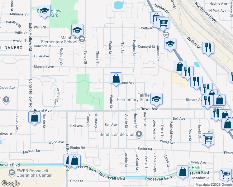 map of restaurants, bars, coffee shops, grocery stores, and more near 950 Louis Street in Eugene