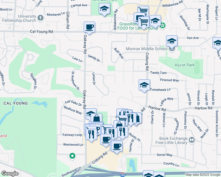 map of restaurants, bars, coffee shops, grocery stores, and more near 833 Lariat Dr in Eugene