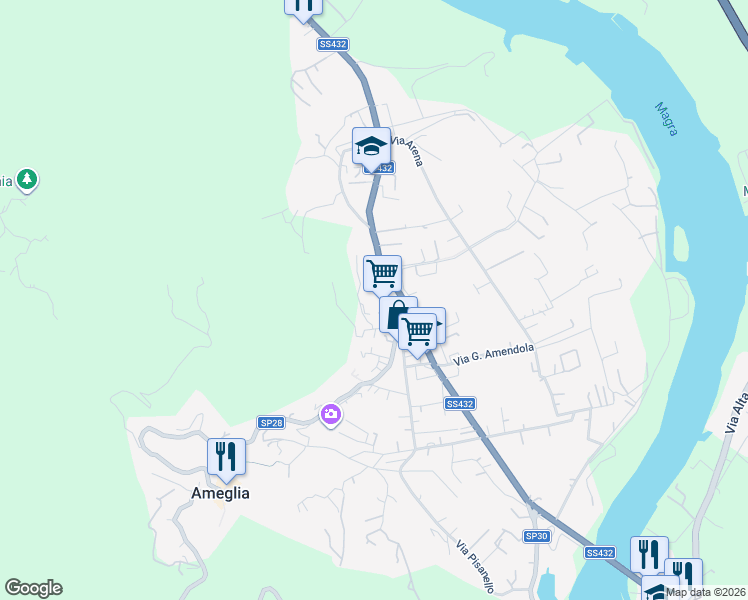 map of restaurants, bars, coffee shops, grocery stores, and more near 57 Via Camisano in Ameglia