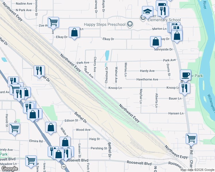 map of restaurants, bars, coffee shops, grocery stores, and more near 614 Filbert Avenue in Eugene
