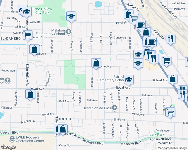 map of restaurants, bars, coffee shops, grocery stores, and more near 950 Louis Street in Eugene