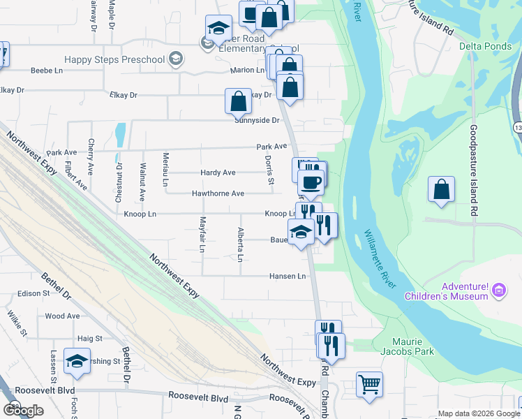 map of restaurants, bars, coffee shops, grocery stores, and more near 141 Knoop Lane in Eugene