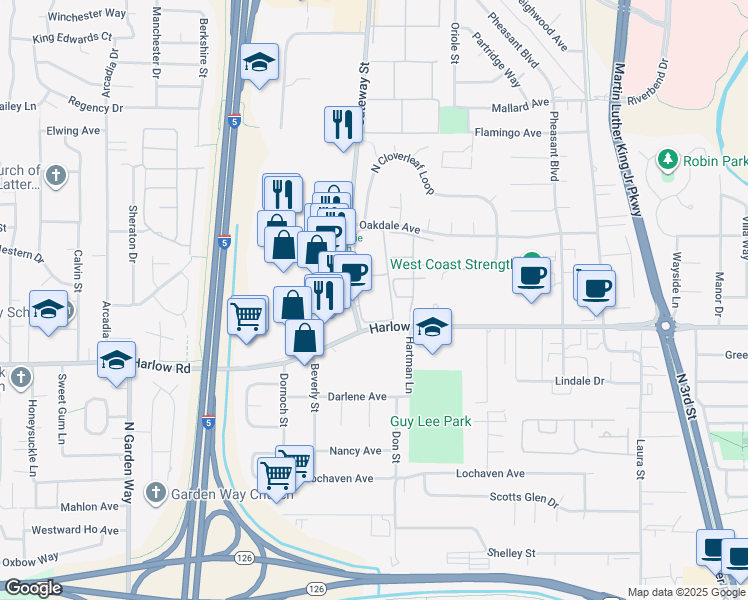 map of restaurants, bars, coffee shops, grocery stores, and more near 2555 Gateway Street in Springfield