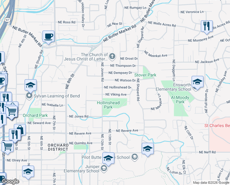 map of restaurants, bars, coffee shops, grocery stores, and more near 1246 Northeast Viking Avenue in Bend