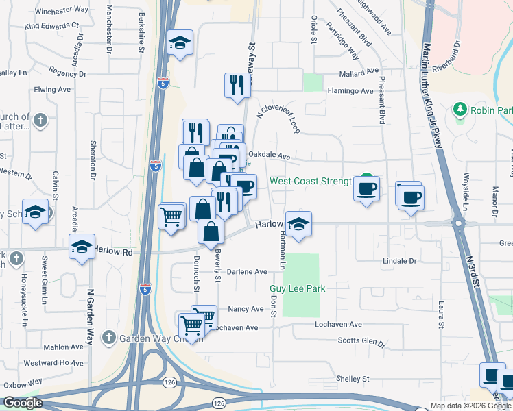 map of restaurants, bars, coffee shops, grocery stores, and more near 2555 Gateway Street in Springfield