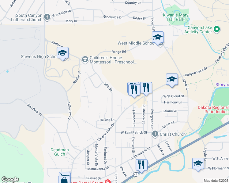 map of restaurants, bars, coffee shops, grocery stores, and more near 1512 38th Street in Rapid City