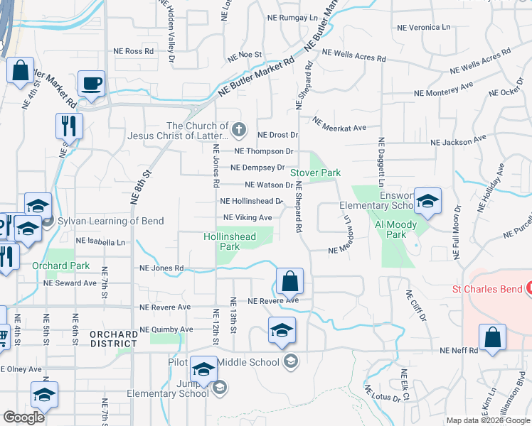 map of restaurants, bars, coffee shops, grocery stores, and more near 1345 Northeast Viking Avenue in Bend