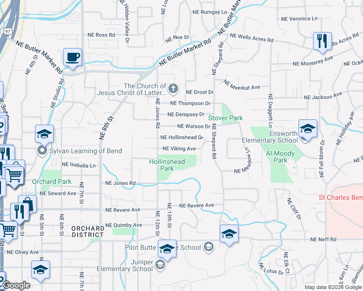 map of restaurants, bars, coffee shops, grocery stores, and more near 1246 Northeast Viking Avenue in Bend