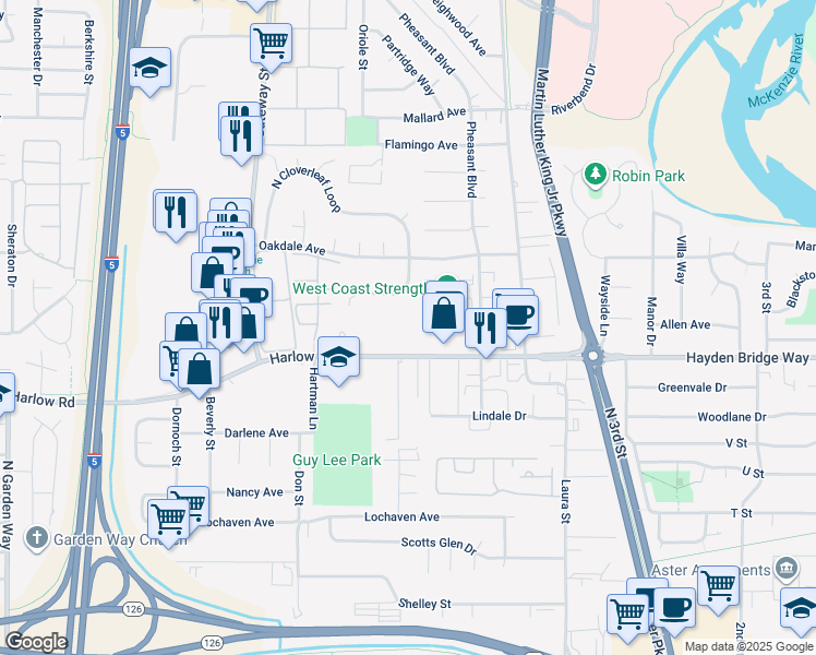 map of restaurants, bars, coffee shops, grocery stores, and more near 530 Harlow Road in Springfield