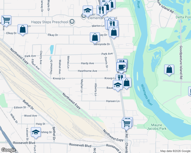 map of restaurants, bars, coffee shops, grocery stores, and more near 226 Knoop Lane in Eugene