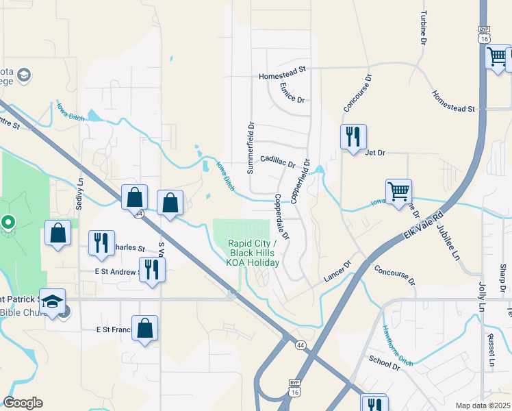 map of restaurants, bars, coffee shops, grocery stores, and more near 3012 Copperlane Ct in Rapid City