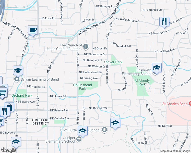 map of restaurants, bars, coffee shops, grocery stores, and more near 1345 Northeast Viking Avenue in Bend