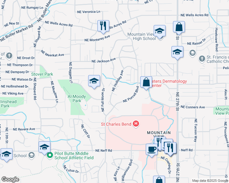 map of restaurants, bars, coffee shops, grocery stores, and more near 2000 Northeast Patterson Court in Bend