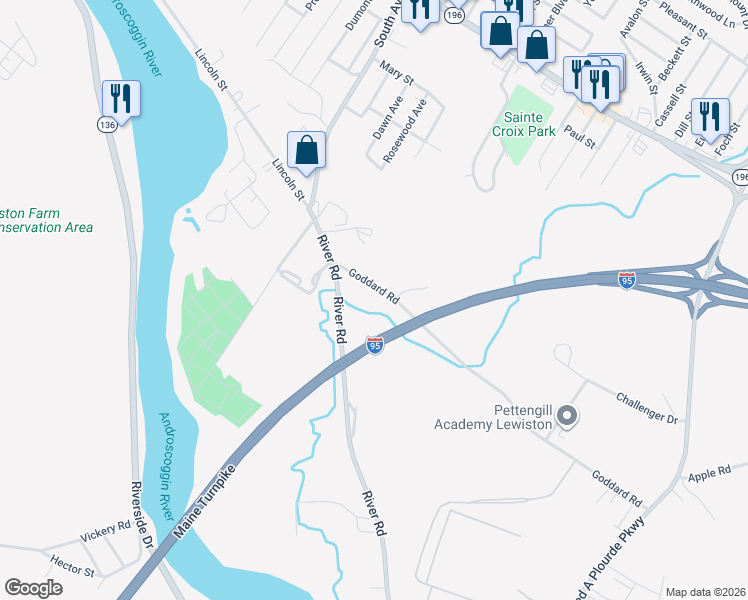 map of restaurants, bars, coffee shops, grocery stores, and more near 55 Goddard Road in Lewiston