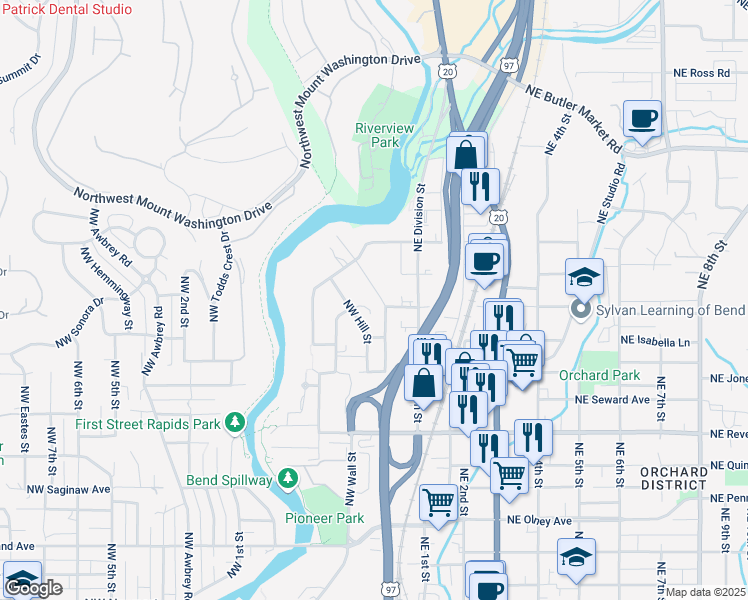 map of restaurants, bars, coffee shops, grocery stores, and more near 2207 Northwest Deschutes Place in Bend