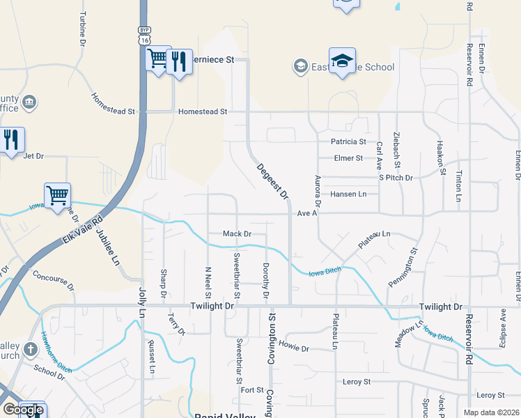 map of restaurants, bars, coffee shops, grocery stores, and more near 4316-4486 Ave A in Rapid City