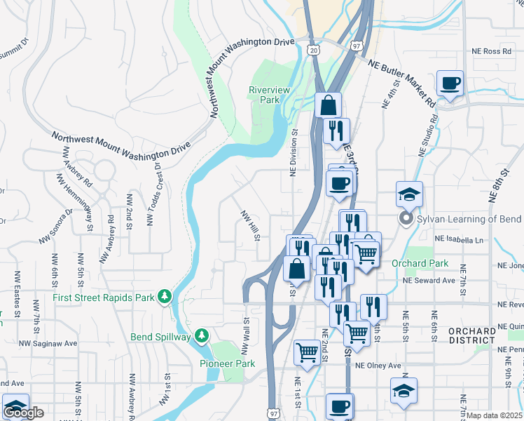 map of restaurants, bars, coffee shops, grocery stores, and more near 2211 Northwest Deschutes Place in Bend