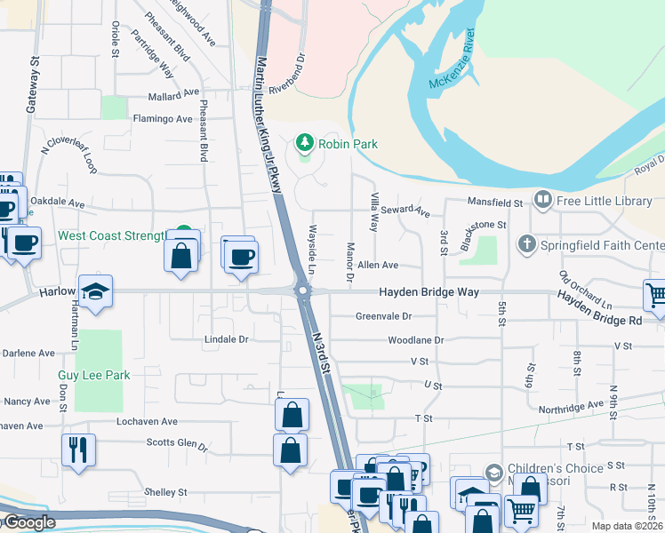 map of restaurants, bars, coffee shops, grocery stores, and more near 2568 Manor Drive in Springfield