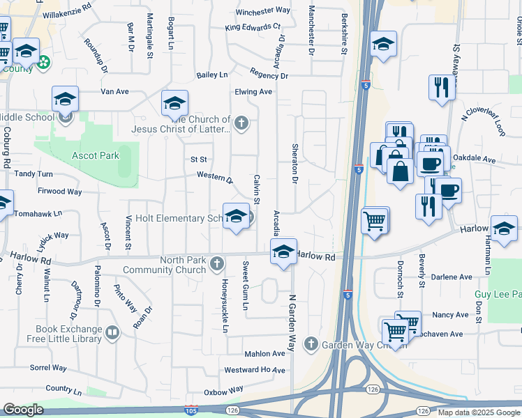 map of restaurants, bars, coffee shops, grocery stores, and more near 821 Calvin Street in Eugene