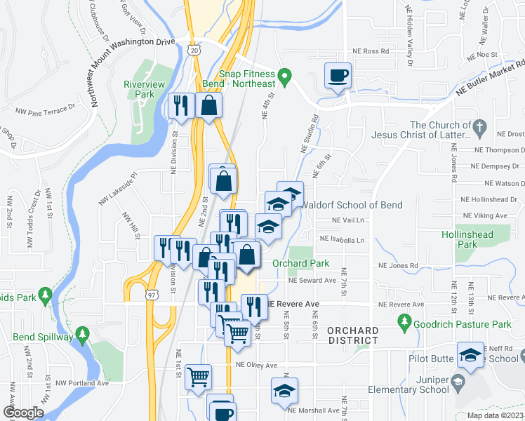 map of restaurants, bars, coffee shops, grocery stores, and more near 2206 Northeast 4th Street in Bend
