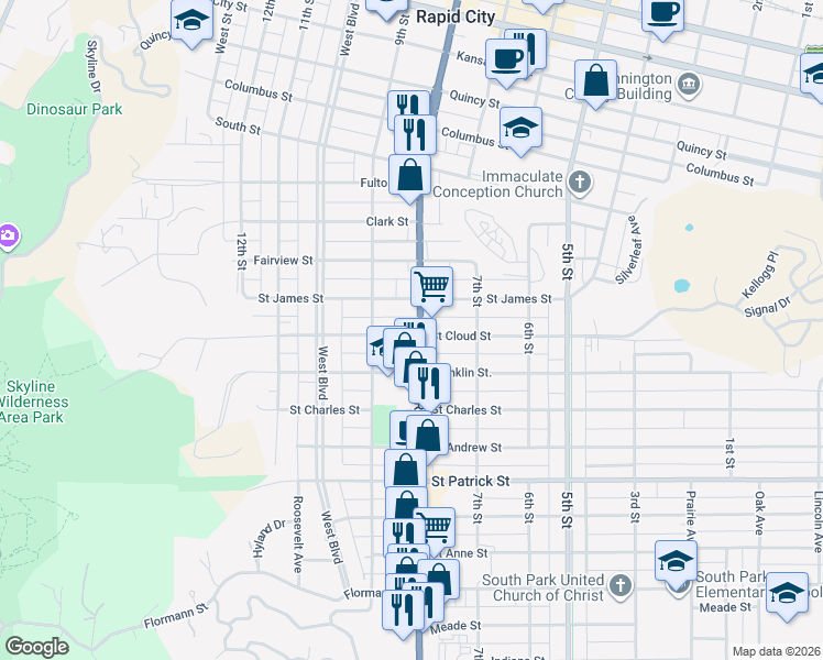 map of restaurants, bars, coffee shops, grocery stores, and more near 1425 Mount Rushmore Road in Rapid City