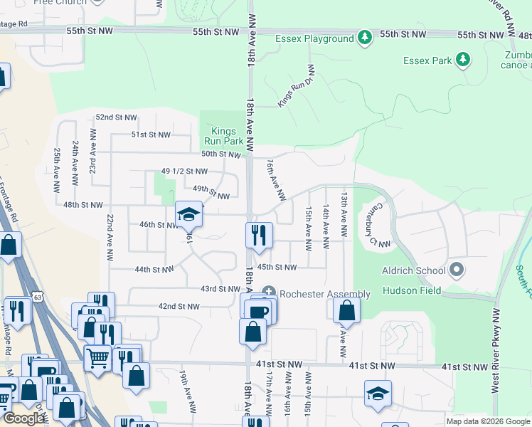 map of restaurants, bars, coffee shops, grocery stores, and more near 1699 48th Street Northwest in Rochester