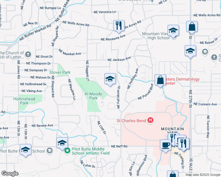 map of restaurants, bars, coffee shops, grocery stores, and more near 2150 Northeast Daggett Lane in Bend